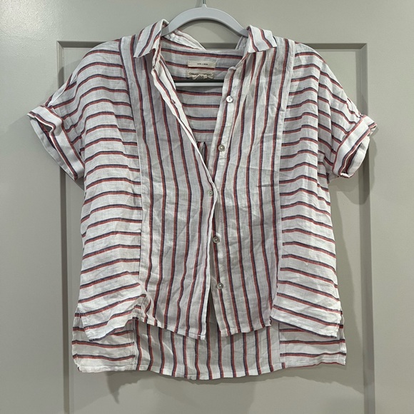 Christian Siriano Tops - Christian Siriano 100% Linen Button Up Striped Collared Polo Tee